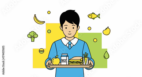 Cheerful Illustration Of Person Holding A Tray With Balanced Meal And Healthy Food