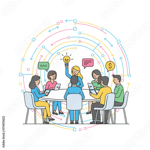 Modern Teamwork Concept Professional flat design of a diverse business group collaborating. Bold lines, abstract network background. Perfect for scalable projects.