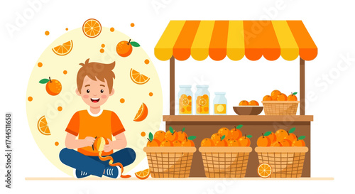 Cheerful Individual Peeling Orange While Displaying Delicious Citrus Fruits and A Juice Stall Scene