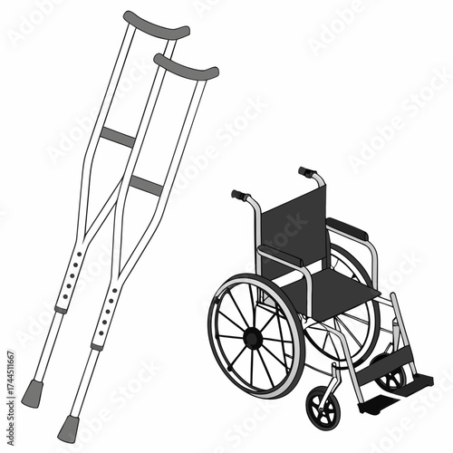 Vector art of a pair of crutches and a wheelchair