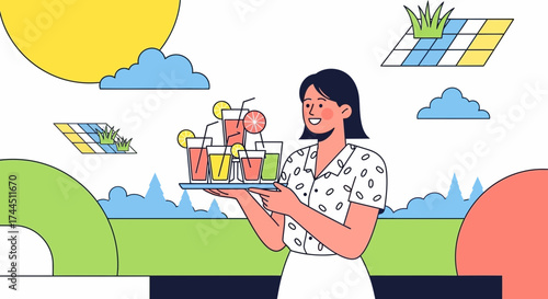 Cheerful Individual Serving Assorted Cocktails On A Tray Amidst Summer Vibes