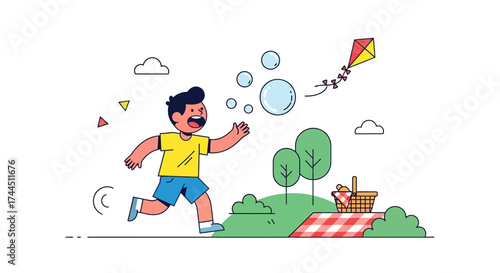 Cheerful kid chasing soap bubbles and kite, having fun at the park during a picnic
