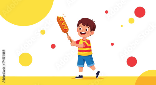 Cheerful Kid Eating A Corn Dog While Running With An Excited Expression