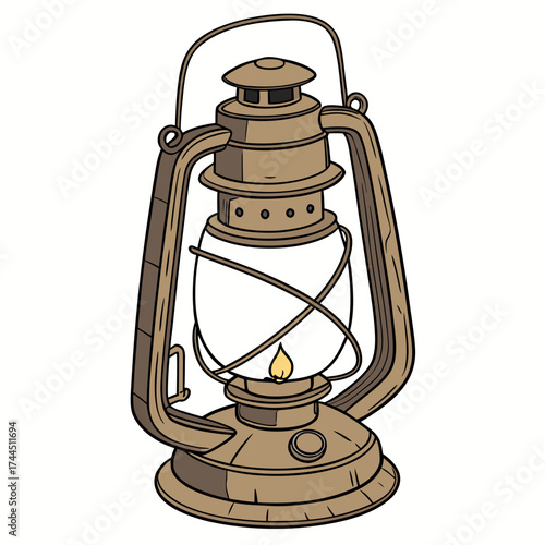 Vector art of vintage kerosene lantern with a lit flame