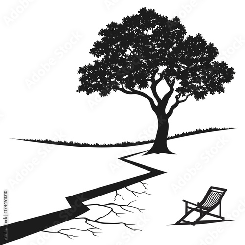 Vector art of a solitary deck chair sits beside a cracked path leading to a lone tree on a