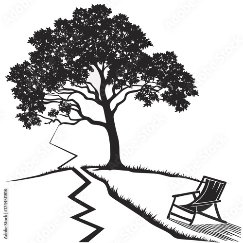 Vector art of silhouette of a lone tree with a winding path leading to an empty chair