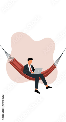 Businessman working remotely on a laptop in a hammock embracing worklife balance and flexibility