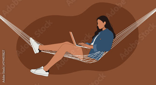Woman relaxing in hammock using laptop Remote work digital nomad comfortable lifestyle
