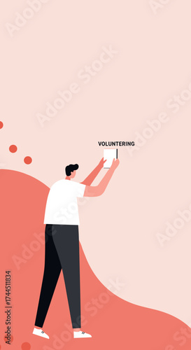 Illustration of person holding sign for volunteering symbolizing community service and social impact