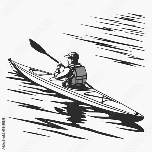 Vector art of man paddling a kayak on water, illustration