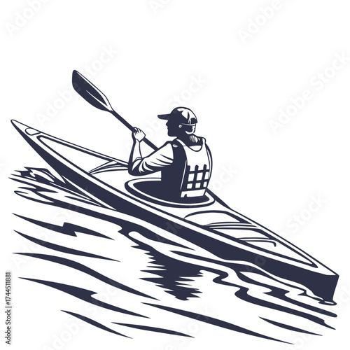 Vector art of silhouette of a person kayaking in water