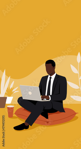 African American businessman using laptop remote work and focused productivity