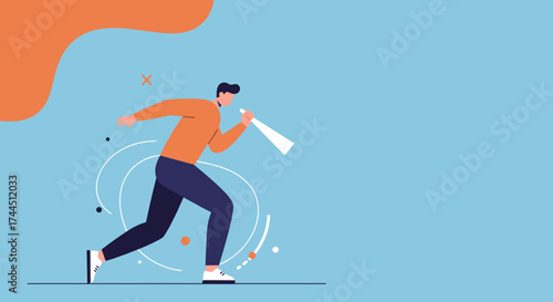 Man running shouting into a megaphone Business communication marketing promotion announcement