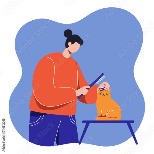 Person grooming their orange cat with a brush Pet care animal companionship and domestic life
