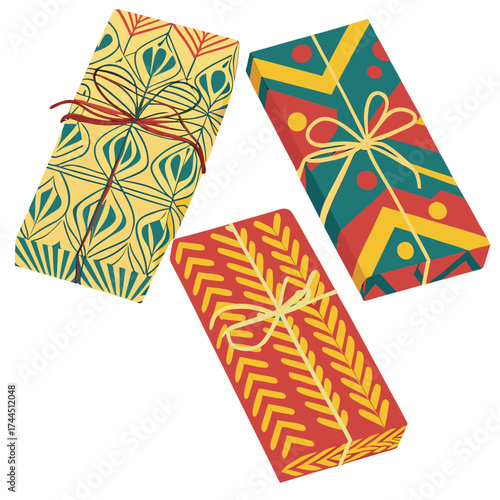 Vector art of three colorful gift boxes with festive patterns and ribbons, isolated on a