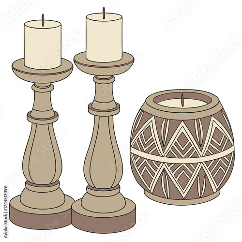Vector art of two tall wooden candle holders and a round decorative candle