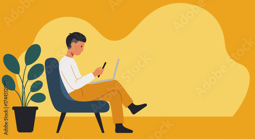 Man multitasking with laptop and smartphone working remotely from home or creative office space