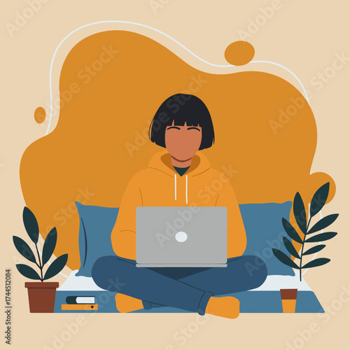 Person on bed working with laptop Remote work online study or leisure at home