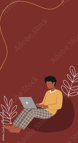 Comfortable man remotely working on laptop from home Freelance online study cozy space