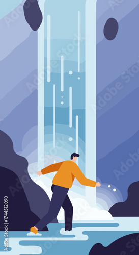 Man walking through a powerful waterfall embodying adventure exploration and natures beauty