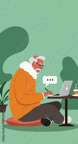 Senior man works remotely on laptop outdoors embracing modern technology and digital connection