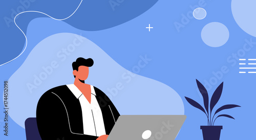 Professional man works on laptop in a modern abstract blue office setting Remote work concept