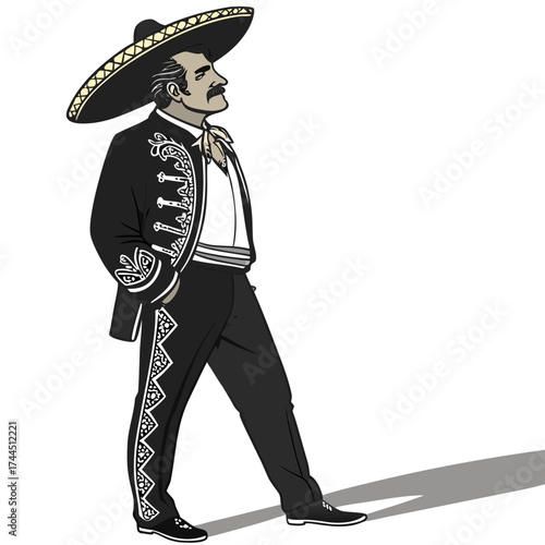 Vector art of a man in a traditional charro suit and sombrero, standing with his hand in his pocket