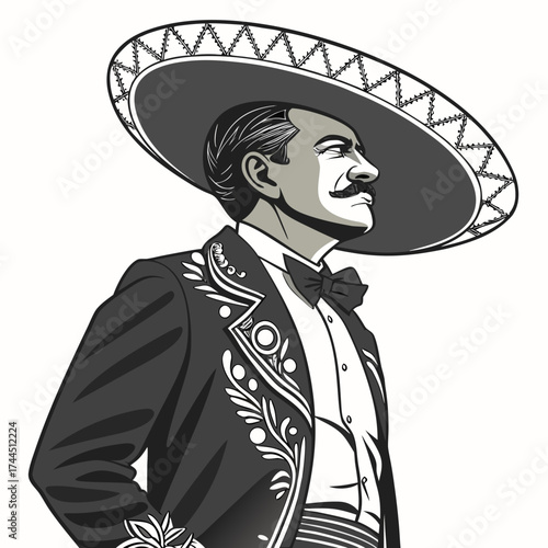 Vector art of man wearing a sombrero and a decorated suit