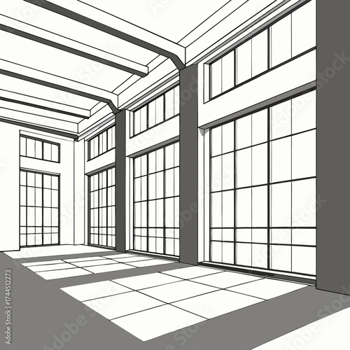 Vector art of architectural drawing of a spacious interior with large windows and geometric shadows on the floor