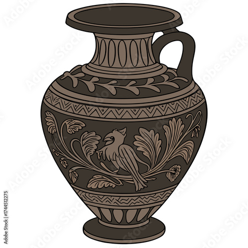 Vector art of ancient greek amphora with intricate geometric and floral patterns, featuring a bird motif