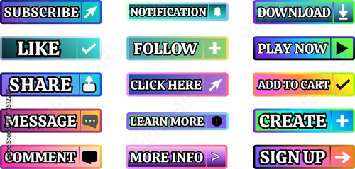 Colorful Internet Call-To-Action Buttons Set Illustration Vector. Subscribe, Notification, Download, Like, Follow, Play Now, Share, Click Here, Add To Cart.
