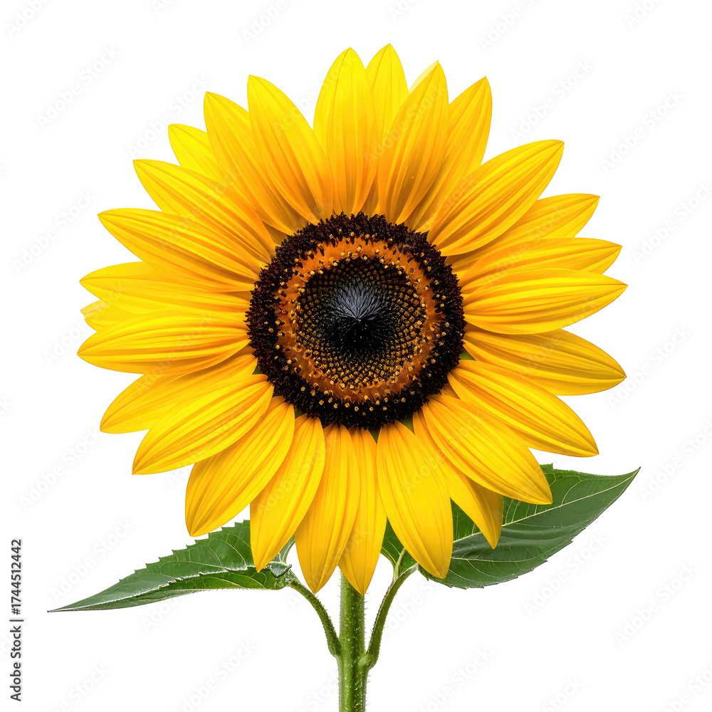 Obraz premium Bright sunflower with a dark center and green leaves against black
