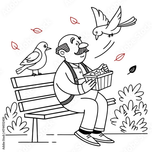 Vector art of elderly man sitting on a park bench feeding birds from a container, with autumn leaves falling