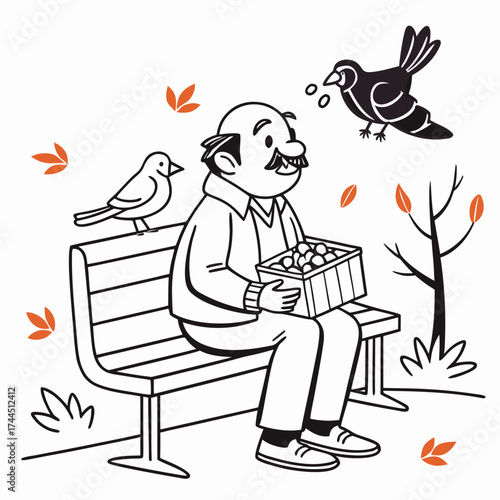 Vector art of elderly man sitting on a park bench with a box of fruit, feeding birds in autumn