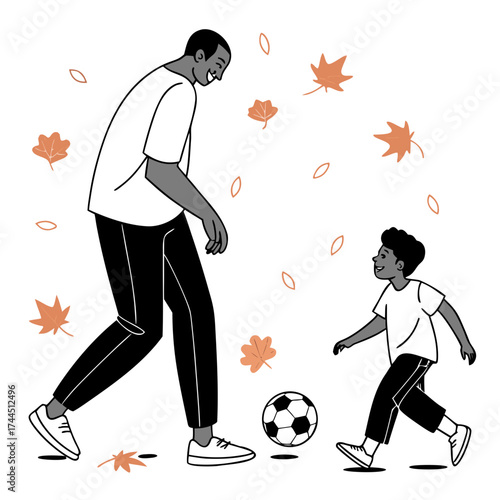 Vector art of father and son playing soccer outdoors in autumn with falling leaves