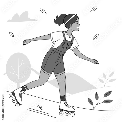 Vector art of young girl in overalls roller skating outdoors in a park with trees and leaves falling