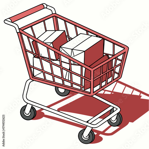 Vector art of a red shopping cart filled with boxes