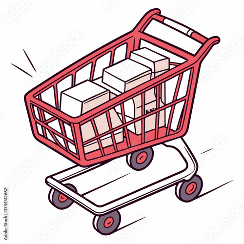 Vector art of a red shopping cart filled with boxes, isolated on a, moving quickly