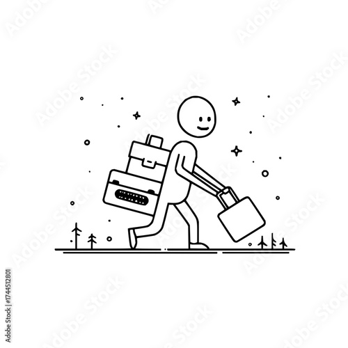 Stick figure carrying luggage and briefcase through a sparse landscape with stars and small trees