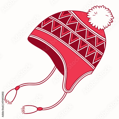 Vector art of red winter hat with a pompom and ear flaps