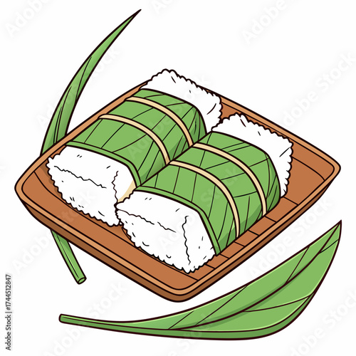 Vector art of two sticky rice cakes wrapped in green banana leaves on a wooden plate, decorated with leaves