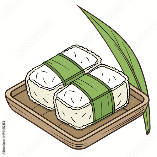Vector art of two pieces of onigiri rice balls wrapped in green seaweed on a bamboo tray