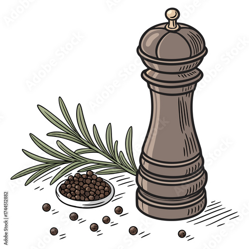 Vector art of a vintage wooden pepper mill with peppercorns and a sprig of rosemary, isolated on a
