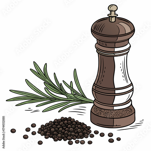 Illustration of a pepper mill with peppercorns and rosemary sprig