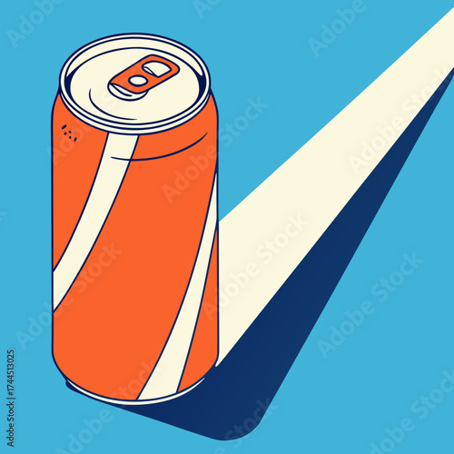 Vector art of orange and white striped soda can casting a long shadow on a blue background, minimalist illustration