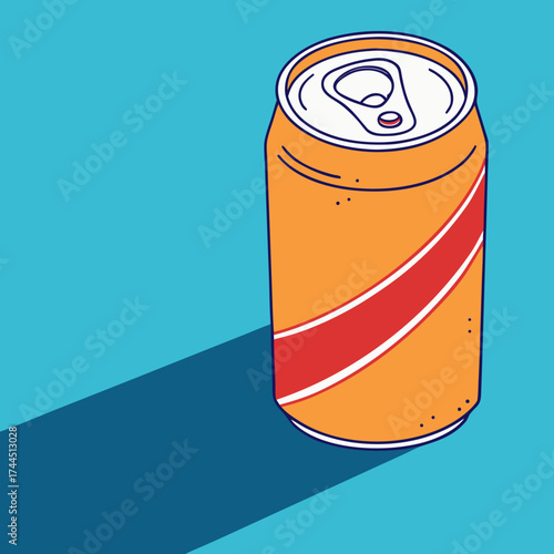 Vector art of orange soda can with red stripe casting a long shadow on a teal background, isometric view