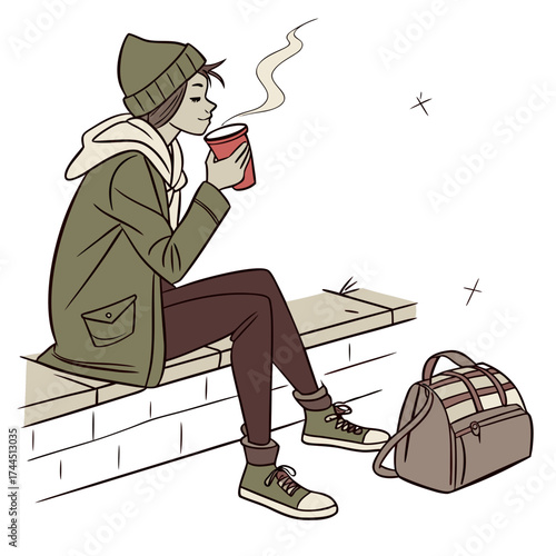 Vector art of young woman sitting outdoors wearing warm clothes and hat, enjoying a hot drink on a cold day