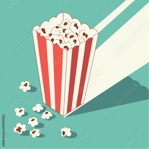 Vector art of a classic red and white striped popcorn box overflowing with popcorn, with scattered kernels on a teal background with a dramatic shadow