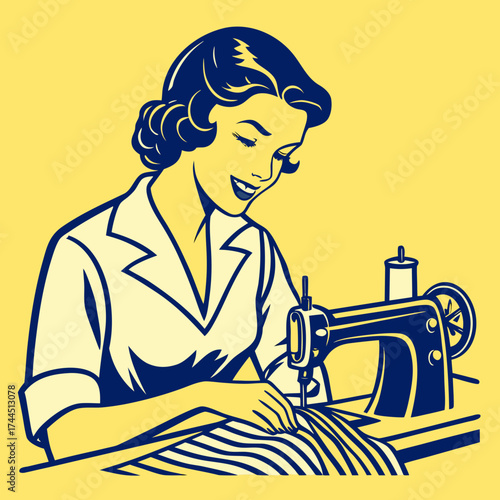 Vector art of retro woman sewing with a vintage sewing machine, smiling and focused on her craft