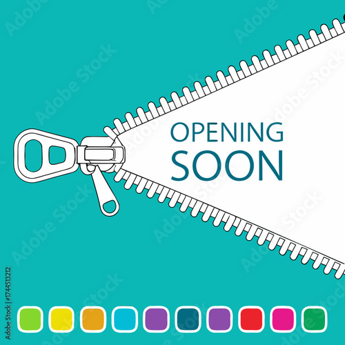 Vector art of zipper opening to reveal opening soon text with colorful circles below